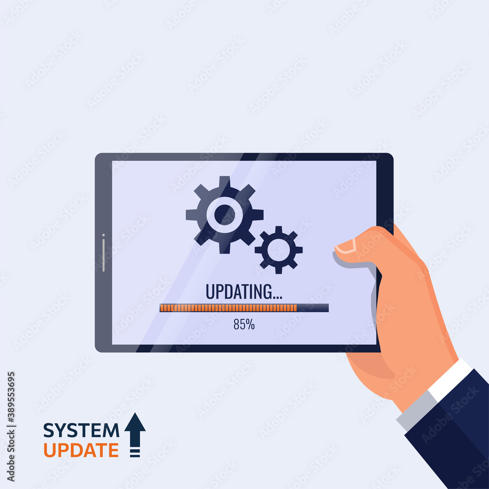 Poster hand holding tablet with system being updated symbol. new upgrade software or application vector ill