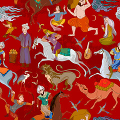 Horsemen and oasis. Fairy tales and legends of the Middle East. Medieval miniature. Seamless pattern. Persian frescoes. Travel of heroes. Ancient civilization murals. Ottoman Empire - 389553601