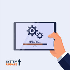 Hand holding tablet with system being updated symbol. New upgrade software or application vector illustration.