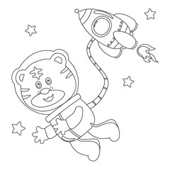 Obraz na płótnie Canvas Creative vector childish Illustration of Cute little tiger Astronaut in space wearing space suits with cartoon style. Childish design for kids activity colouring book or page.