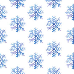 Fototapeta na wymiar Watercolor hand drawn snowflake seamless pattern isolated on white
