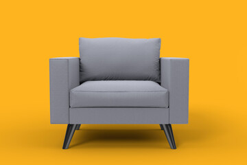 Grey armchair with pillows on studio yellow background.