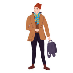 Young man student in modern autumn trendy clothes in hat. Fashion casual outerwear street style character. Flat cartoon style vector isolated