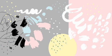 Contemporary pattern. Naive. Brush, marker, highlight stroke. Abstract background. Vector artwork. Memphis vintage retro 80s, 90s style. Sketch drawing. Pink, gray, blue, yellow, white, black colors