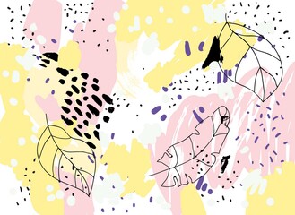 Jungle tropical leaves. Naive art border. Contemporary pattern. Brush, marker, highlight stroke. Bohemian wallpaper. Vector artwork. Memphis style. Child, kid drawing. Pink, black, yellow, whit colore