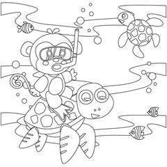 Creative vector childish Illustration. Diving with funny monkey and turtle with cartoon style. Childish design for kids activity colouring book or page.