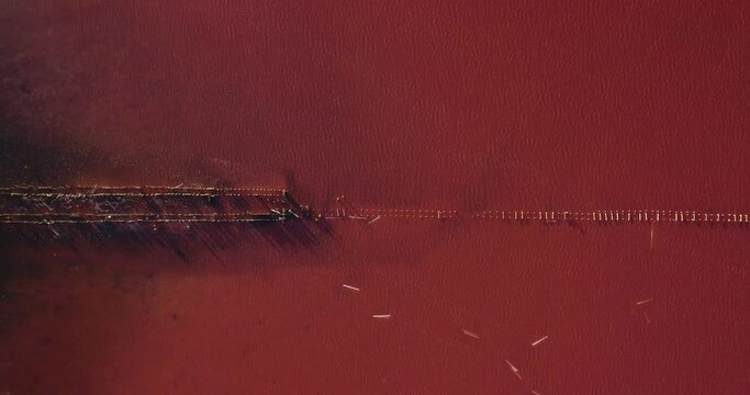 Pink saline sea with small wave / salt lake water evaporation ponds with pink plankton colour. Aerial top down wide shot at summer sunny day