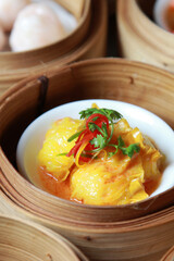 yumcha, dim sum in bamboo steamer, chinese cuisine