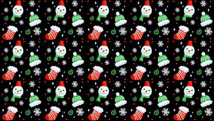 Christmas theme background illustration with motif of snowman wearing hats and scarves, snowflakes, hats, and socks