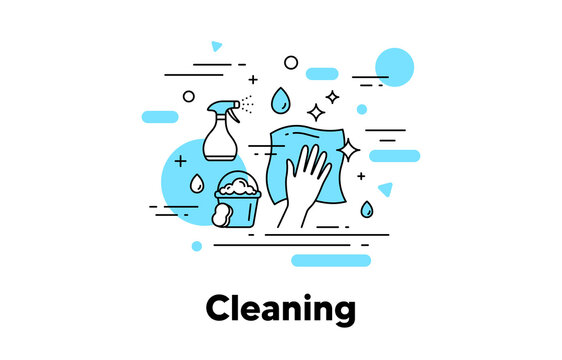 Cleaning napkin line icon. Wipe and disinfection by cleaning cloth and spray. Clean service illustration. Antibacterial napkin, bucket with sponge, disinfectant spray icon. Editable stroke. Vector