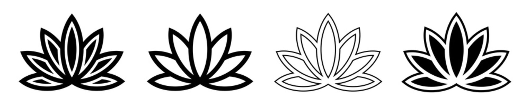 Set of four lotus blossom icons, isolated on white background. Flower logo, symbol. Cosmetic, fashion, beauty logol in flat style. Vector monochrome illustration.