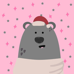 Animal in the Scandinavian style wearing a Santa Claus hat. New Year's childrens illustration. Cozy bear print.