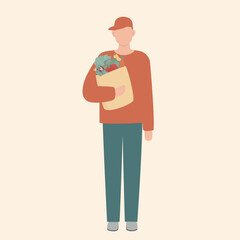 Courier with a bag of vegetables in his hand. A man in a red cap stands with food. Flat cartoon vector illustration.