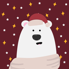 Animal in the Scandinavian style wearing a Santa Claus hat. New Year's childrens illustration. Cozy bear print. Polar bear.