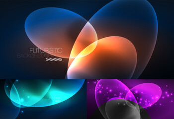 Set of neon abstract backgrounds. Shiny bright glowing ellipses in the dark. Vector futuristic illustrations for covers, banners, flyers and posters and other