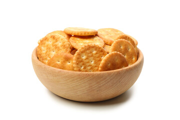 Wooden bowl with cracker biscuits isolated on white background