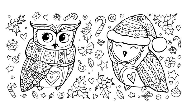 Owls, holiday pattern. Merry Christmas card. Cute bird, holly berry, candy cane, snow, stars. Set collection. Vector artwork, hand drawn sketch. Black and white. Coloring book page for adults, kids
