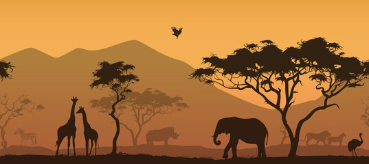 horizontal seamless background with africa nature. All animals and trees are isolated - you can clean and move them. vector illustration - obrazy, fototapety, plakaty