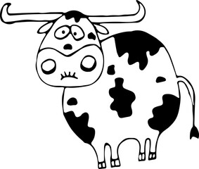 Vector illustration of a cow, bull in Doodle style. Concept of wildlife, farming, zodiac signs, new year, Chinese new year. Can be used for books, paper, Wallpaper, fabric