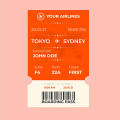 Modern airline ticket design with flight time and passenger name. Boarding pass vector illustration