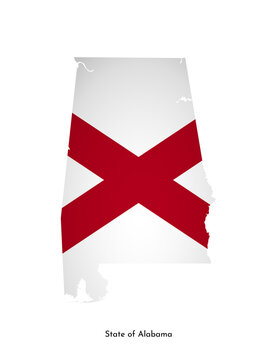 Vector isolated illustration with flag and simplified map of Alabama (State of USA). Volume shadow on the map. White background