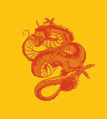 Japanese dragon. Mythological animal or Asian traditional reptile. Symbol for tattoo or label. Engraved hand drawn line art Vintage old monochrome sketch, ink. Vector illustration.