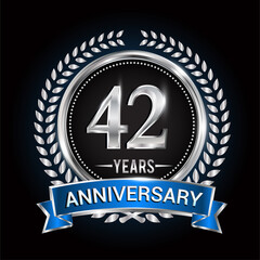 Fototapeta premium Birthday celebration logo 42nd years with wreath, laurel, blue ribbon and silver ring.