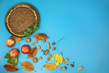 Absolutely amazing Thanksgiving creative background with manmade pumpkin pie with fresh min leaves, nuts, apples, autumn leaves, and cloves on light blue background with copy space. Dublin, Ireland