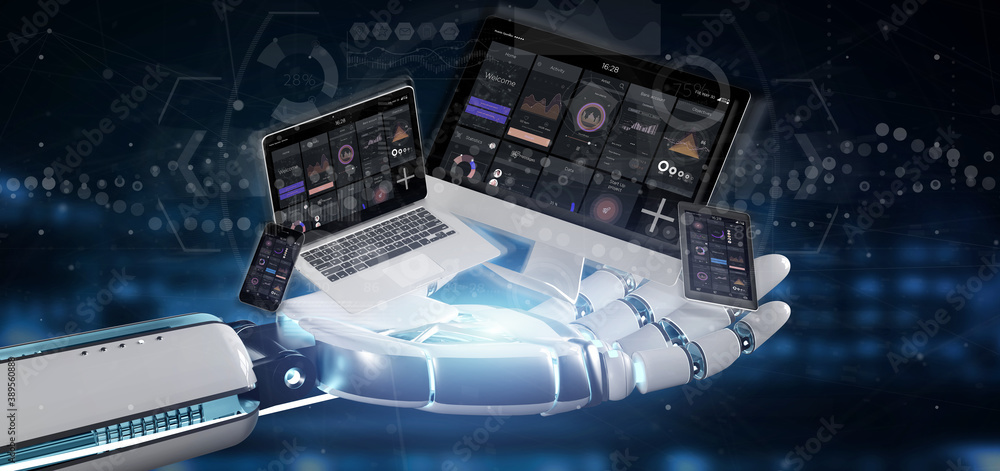 Poster cyborg hand holding devices connected to a cloud multimedia network 3d rendering