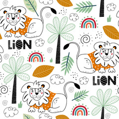 Seamless pattern with lion. Animals of Africa, elements of flora and fauna. Fairytale kid textile, wrapping paper, background. Kids animal characters. Cartoon vector illustration. © Evartfinds
