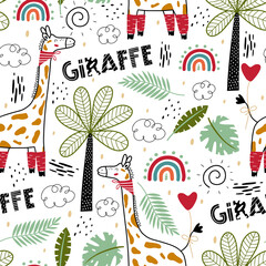 Seamless pattern with giraffes. Animals of Africa, elements of flora and fauna. Fairy Tale kid textile, wrapping paper, background. Kids animal characters. Cartoon vector illustration. © Evartfinds