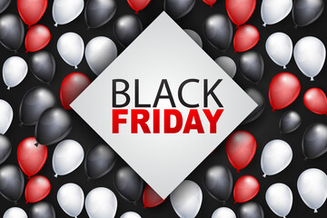 Black Friday Shopping event advertisement background with shiny helium balloons. Big sale design concept for newsletters and website ads. Vector ilustration.