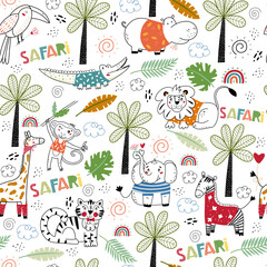 Safari animals. Seamless pattern. Animals Africa, flora and fauna elements. Fairy Tale kid textile, wrapping paper, background. Vector cartoon illustration. © Evartfinds