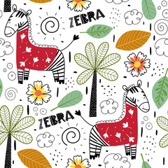 Seamless pattern with zebra and palm trees. Animals of Africa, elements of flora and fauna. Fairy Tale kid textile, wrapping paper, background. Kids animal characters. Vector illustration.