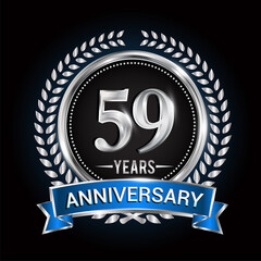 Birthday celebration logo 59th years with wreath, laurel, blue ribbon and silver ring.