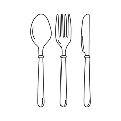 Cutlery knife, fork and spoon vector doodle icons. Isolate on white background. Editable stroke.