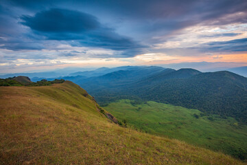 Fototapeta na wymiar Landscape of meadow on high mountain in Doi Mon Chong, Chiangmai, Thailand.
