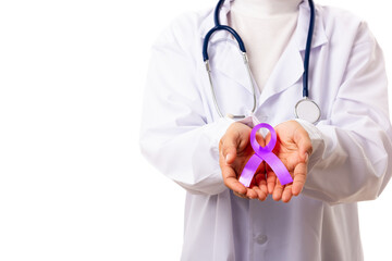 National Epilepsy or Alzheimer disease Day. woman doctor white uniform hold purple ribbon on hand...
