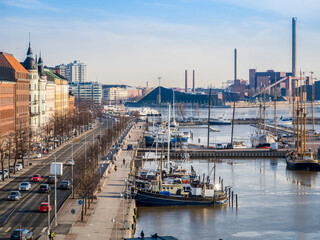 Top view of the bay with ships and quay in Helsinki, Finland in early spring