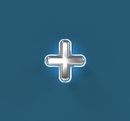 Fototapeta premium Steel metalline alphabet with white outline and blue noisy backlight - plus isolated on blue, 3D illustration of symbols