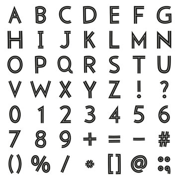 Set of hand drawn letters, numbers and punctuation symbols. Vector simple font. Latin alphabet.