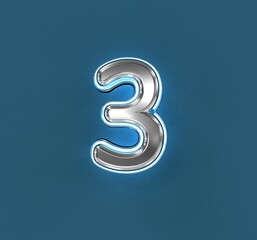 Steel metallic font with white outline and blue noisy backlight - number 3 isolated on blue, 3D illustration of symbols