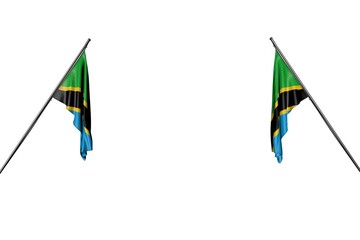 nice two Tanzania flags hanging on diagonal poles from two sides isolated on white - any feast flag 3d illustration..