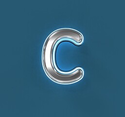 Steel brassy font with white outline and blue backlight - letter C isolated on blue background, 3D illustration of symbols