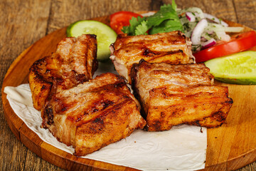 Grilled pork shashlick served vegetables