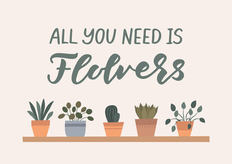 House plants flat illustration. All you need is flowers hand lettering.  Set of house plants. Vector illustration