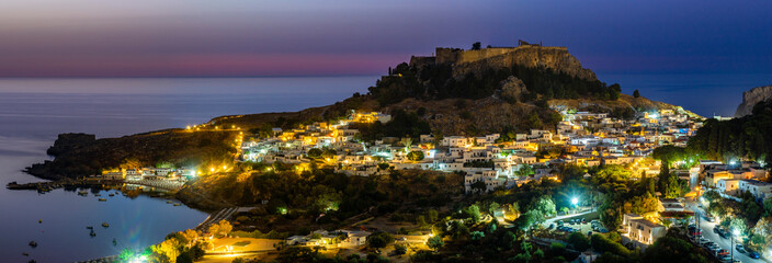 Rhodes, Greece-panoramic view of Lindos, town, fortress and Acropolis.