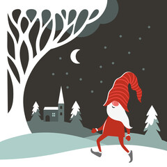 Obraz premium Cute Gnome walks in the dark forest. Christmas greeting card.