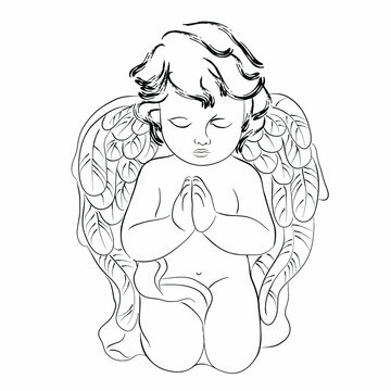 
Vector illustration of praying cupid. Isolated image of an antique character.