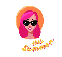 Vector illustration hello summer. Sticker cute girl in sunglasses and a hat. Accessory.